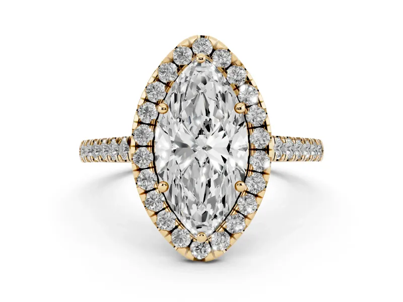 Marquise Cut Diamond Halo Pavé Engagement Ring Set in Yellow gold with Prong Setting