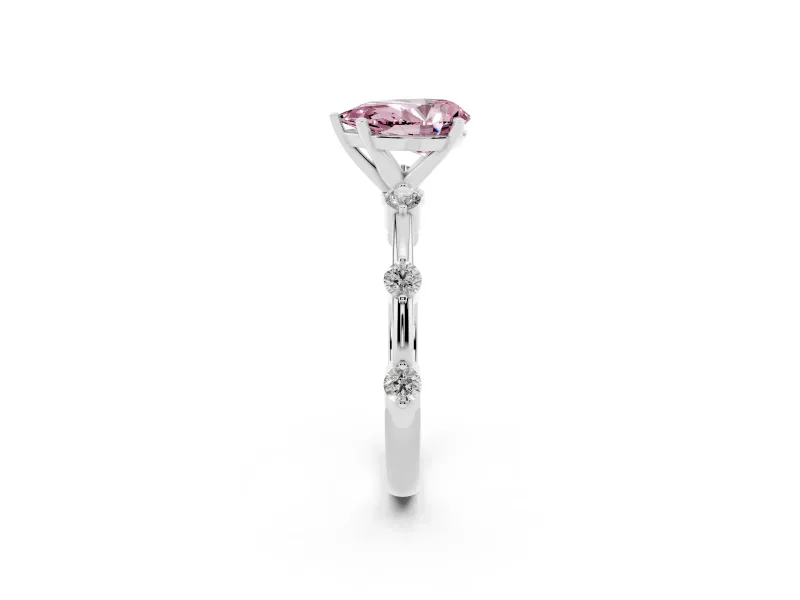 Fancy Pink Pear Cut Diamond Solitaire Ring Set in White gold with Bezel Set Side Stones and Prong Setting