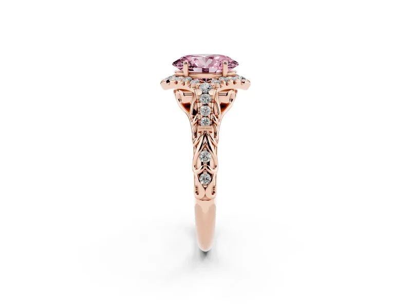 Oval Hidden Halo Filigree Engagement Ring Setting for a Fancy Pink Lab-Grown Diamond | Rose Gold