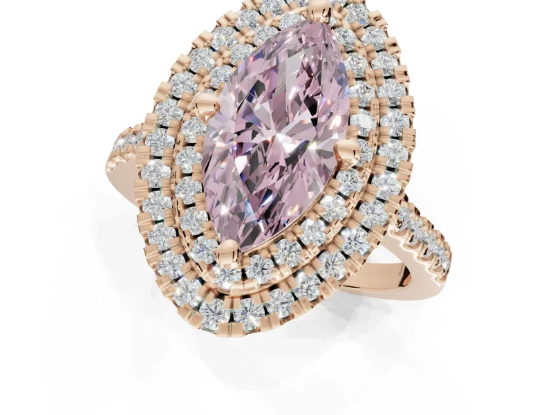 Fancy Pink Marquise Lab-Grown Diamond Double Halo Statement Ring Set in Rose Gold with Pavé Band