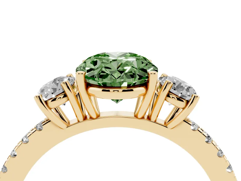 Fancy Green Oval Cut Diamond Three-Stone Ring Set in Yellow gold with Pavé Band and Graduated Sides