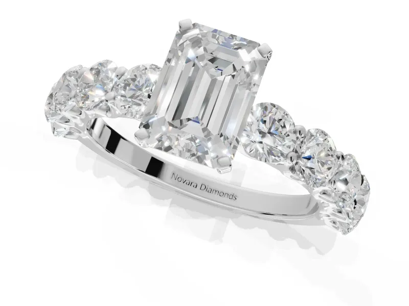Emerald Cut Side Stone Engagement Ring Setting | Scalloped Prong Accents | Sterling Silver