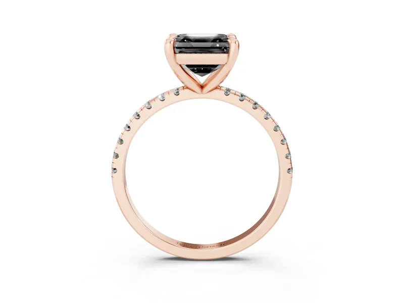 Fancy Black Asscher Cut Diamond Brilliant Solitaire Ring Set in Rose gold with Pavé Band and Prong Setting