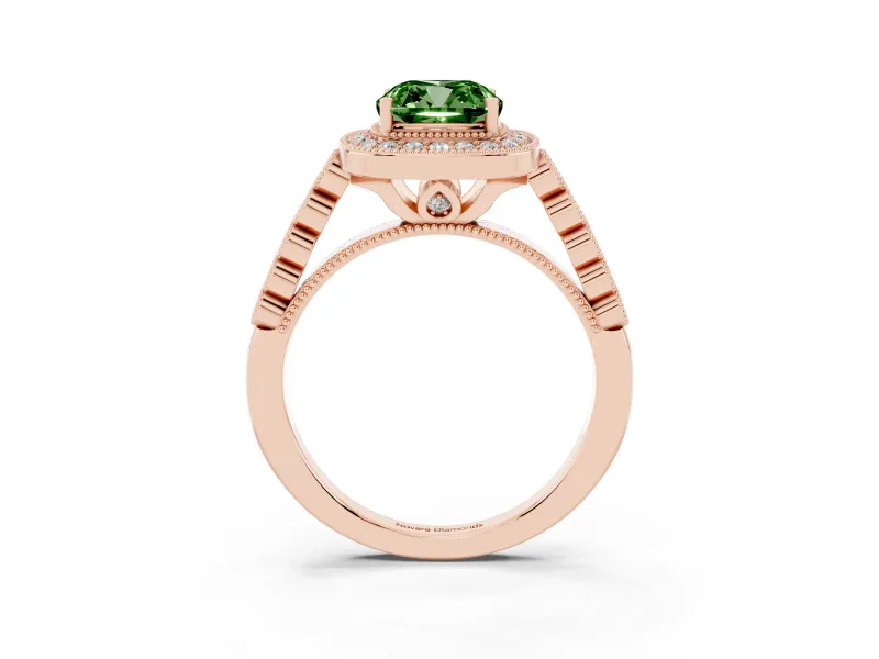 Cushion Cut Graduated Milgrain Halo Engagement Ring Setting for a Fancy Green Lab-Grown Diamond | Rose Gold