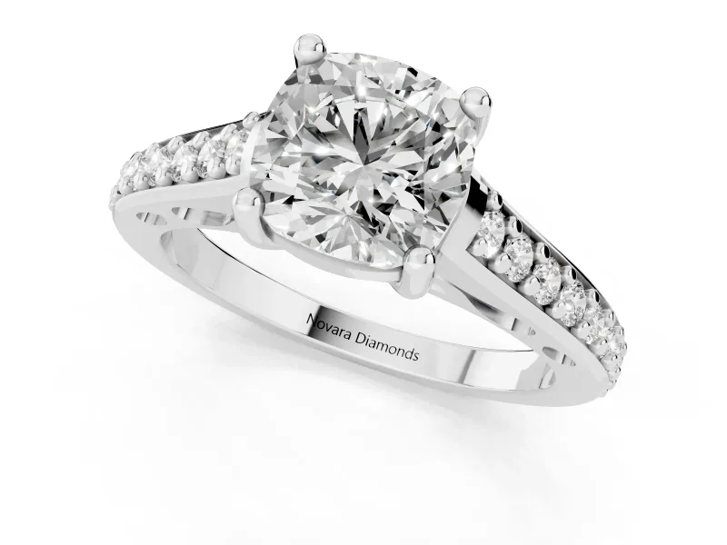 Cushion Cut Diamond Prong Set Solitaire Engagement Ring Set in Silver with Pavé Band