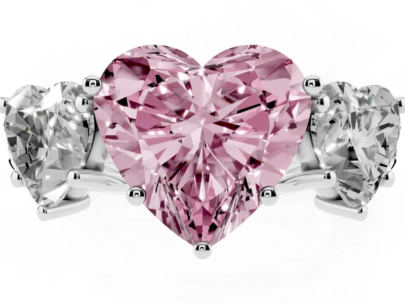 Fancy Pink Heart Cut Diamond Three-Stone Ring Set in Platinum with Pavé Band