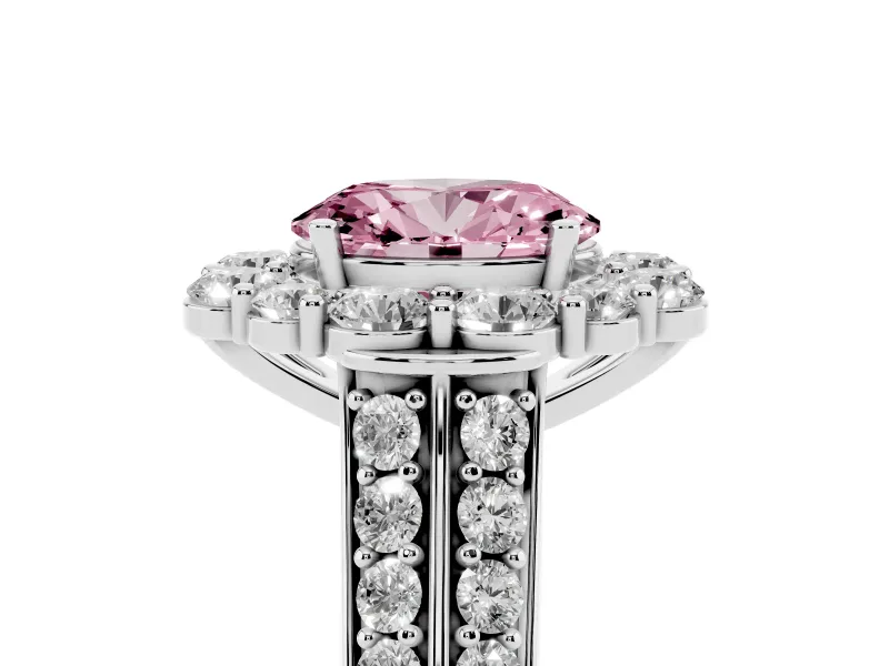 Fancy Pink Oval Cut Diamond Halo Engagement Ring Set in Silver with Split Shank and Prong Setting