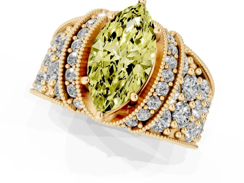 Marquise Vintage Pave Engagement Ring Setting for a Fancy Yellow Lab-Grown Diamond | Milgrain Edges | Yellow Gold