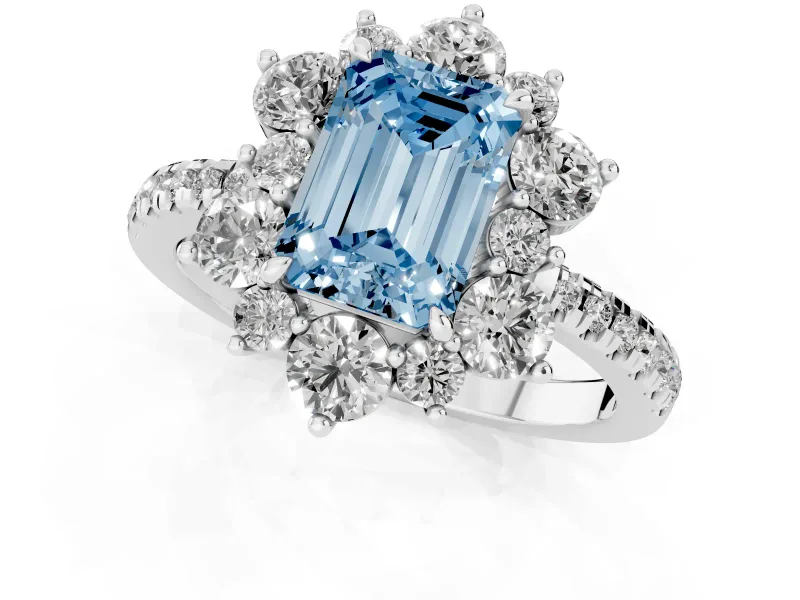 Fancy Blue Emerald Cut Diamond Floral Halo Ring Set in Silver with Round Pavé Band and Prong Setting