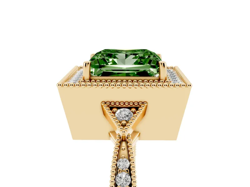 Princess Cut Milgrain Halo Engagement Ring Setting for a Fancy Green Lab-Grown Diamond | Graduated Pavé | Yellow Gold