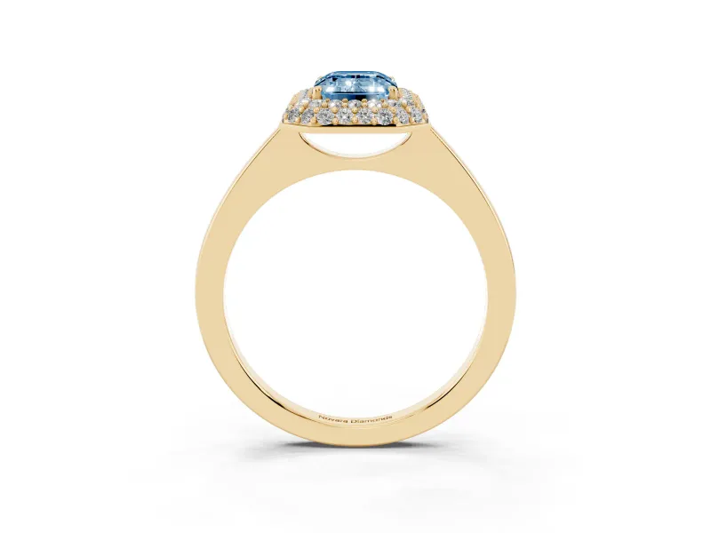Fancy Blue Emerald Cut Diamond Halo Engagement Ring Set in Yellow gold with Solitaire Band and Prong Setting