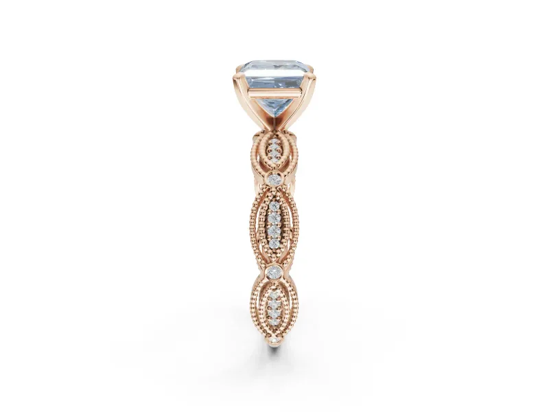 Princess Cut Vintage Engagement Ring Setting for a Fancy Blue Lab-Grown Diamond | Graduated Stations | Rose Gold