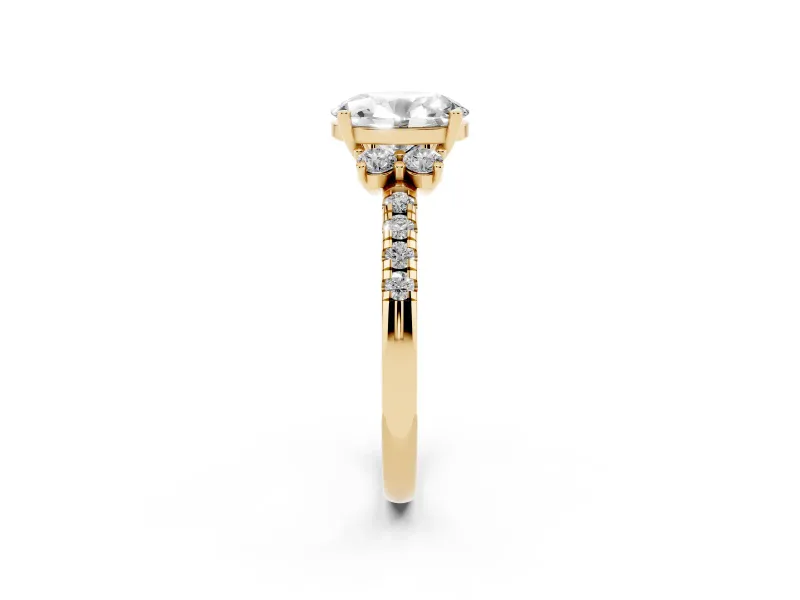 Oval Side Stone Pave Engagement Ring Setting | Paired Round Accents | Yellow Gold