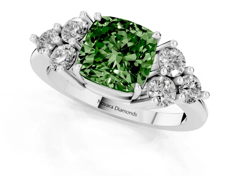 Fancy Green Cushion Cut Diamond Solitaire Ring Set in Platinum with Cluster Accents on Each Side