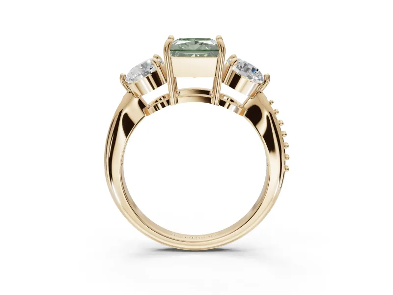 Princess Cut Three Stone Engagement Ring Setting for a Fancy Green Lab-Grown Diamond | Tapered Pave Band | Yellow Gold