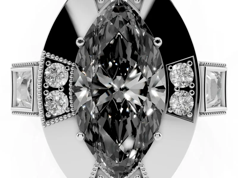 Marquise Milgrain Sectioned Halo Engagement Ring Setting for a Black Center | White Gold