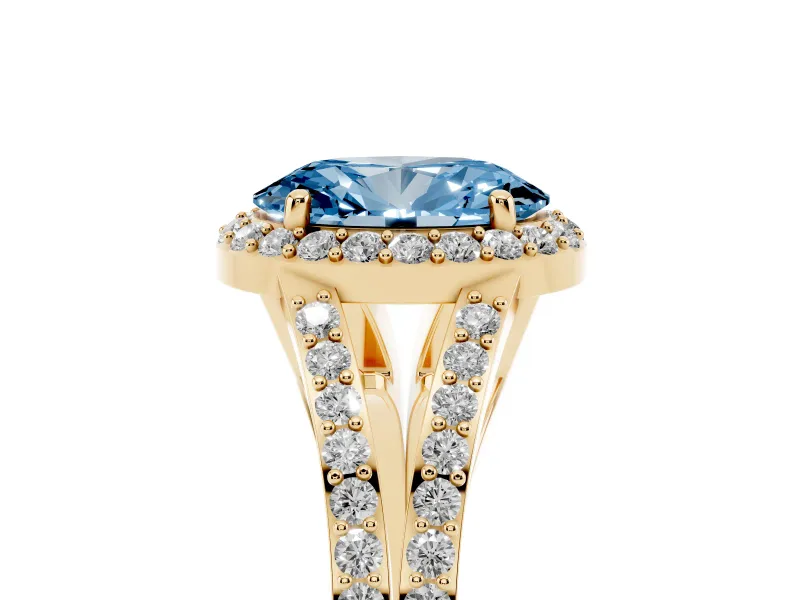 Oval Split Shank Halo Engagement Ring Setting for a Fancy Blue Lab-Grown Diamond | Yellow Gold