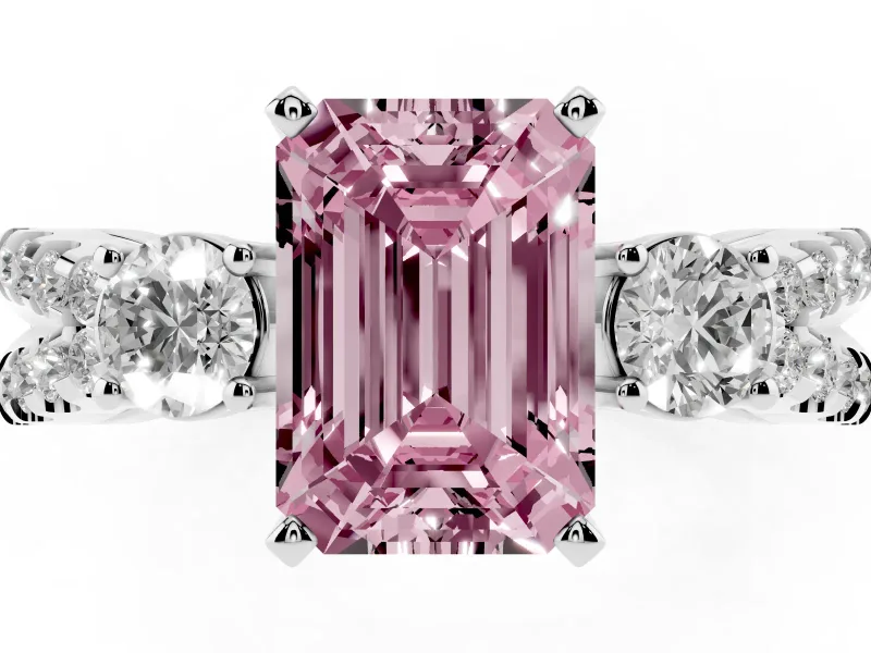 Fancy Pink Emerald Cut Diamond Three-Stone Ring Set in Platinum with Pavé Split Shank and Prong Setting