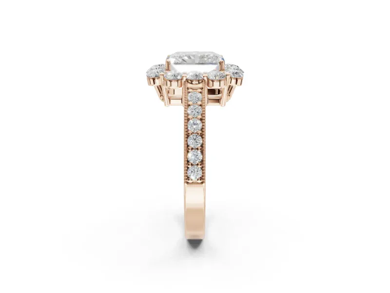 Radiant Cut Vintage Halo Engagement Ring Setting | Milgrain Channel Band | Rose Gold