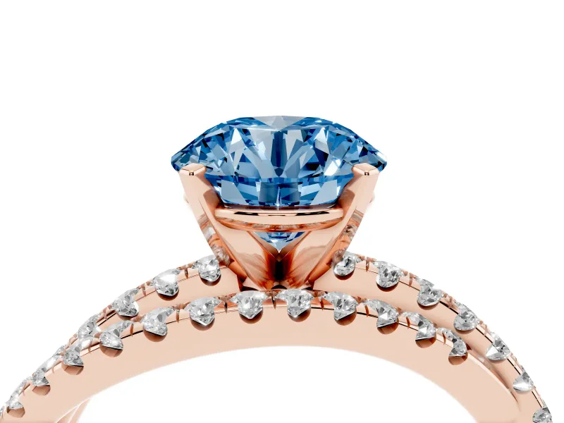 Fancy Blue Round Cut Diamond Solitaire Twist Band Ring Set in Rose gold with Pavé Setting and Prong Head