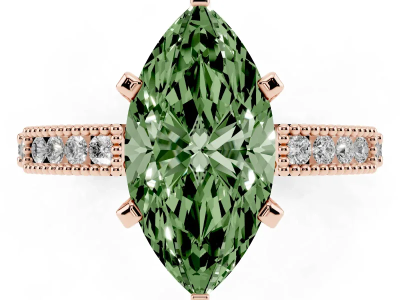 Fancy Green Marquise Cut Diamond Solitaire Ring Set in Rose gold with Slim Pavé Band and Prong Setting