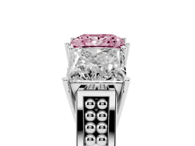 Princess Cut Three Stone Engagement Ring Setting for a Fancy Pink Lab-Grown Diamond | Beaded Shoulders | Platinum