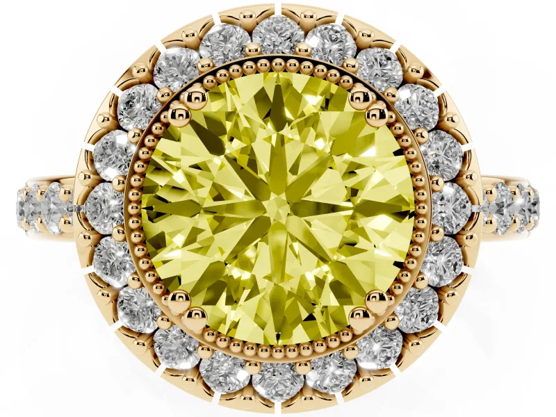 Round Vintage Milgrain Halo Engagement Ring Setting for a Fancy Yellow Lab-Grown Diamond | Pierced Gallery | Yellow Gold