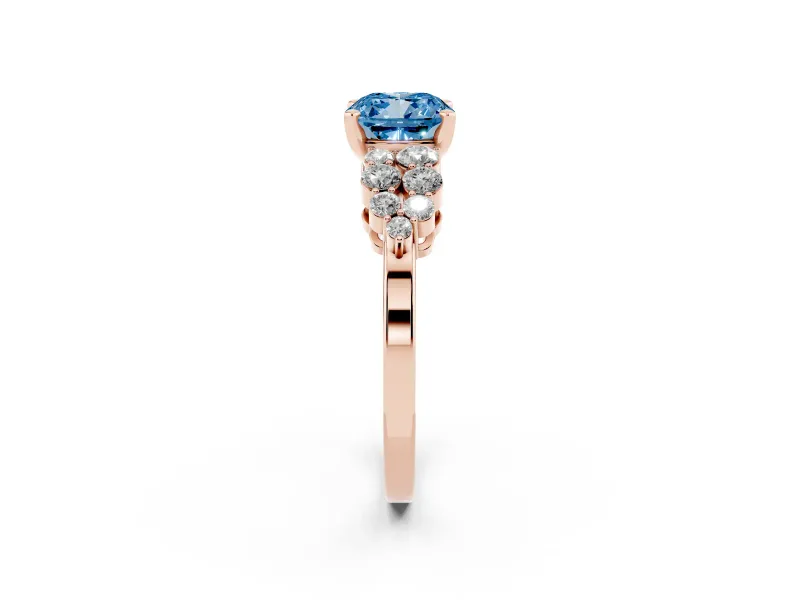 Fancy Blue Cushion Cut Diamond Cluster Engagement Ring Set in Rose gold with Pavé Band and Prong Setting