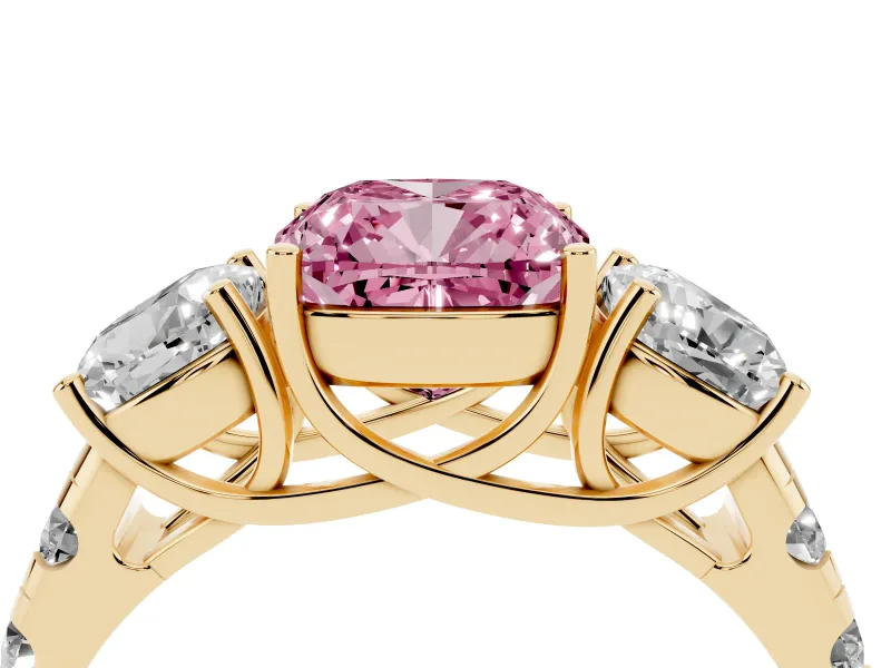 Cushion Cut Three Stone Engagement Ring Setting for a Fancy Pink Lab-Grown Diamond | Accented Shoulders | Yellow Gold