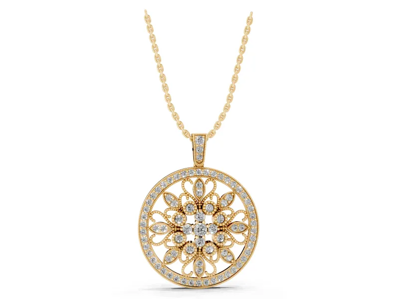 Round Lab-Grown Diamond Floral Filigree Pendant Necklace | Pavé Frame | Yellow Gold