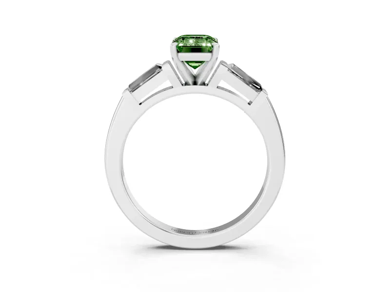 Fancy Green Emerald Cut Diamond Solitaire Ring Set in White gold with Tapered Baguette Side Stones and Prong Setting