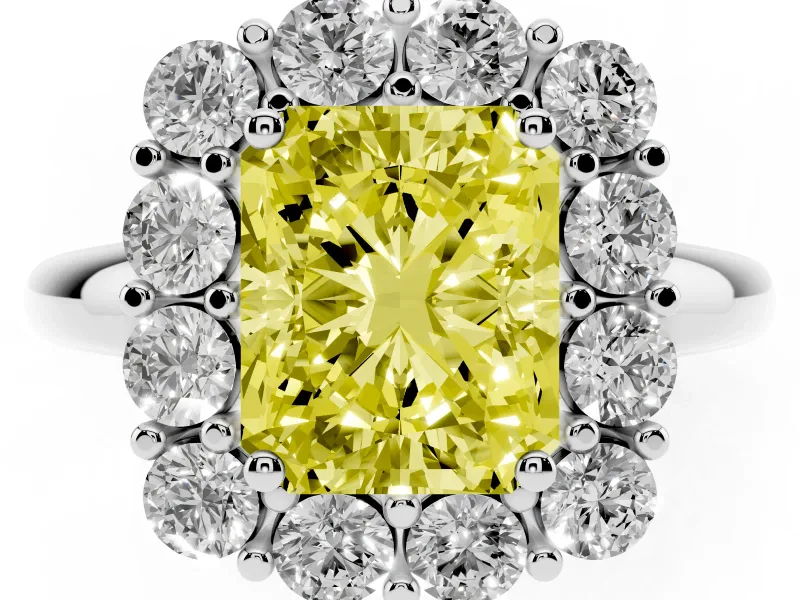 Radiant Cut Cluster Halo Engagement Ring Setting for a Fancy Yellow Lab-Grown Diamond | Large Round Accents | Platinum