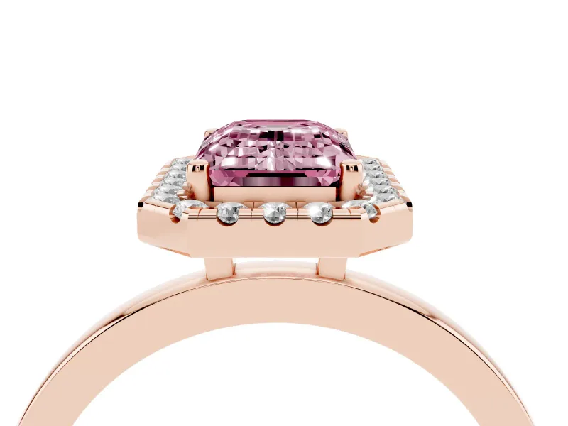 Fancy Pink Emerald Cut Diamond Halo Solitaire Ring Set in Rose gold with Pavé Band and Prong Setting
