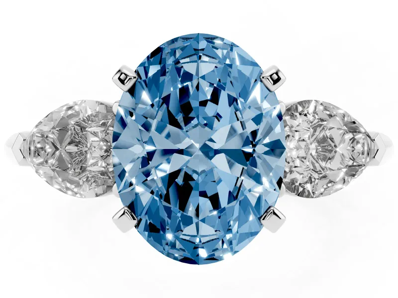 Oval Three-Stone Ring Setting for a Fancy Blue Lab-Grown Diamond | Pear Side Stones | Platinum