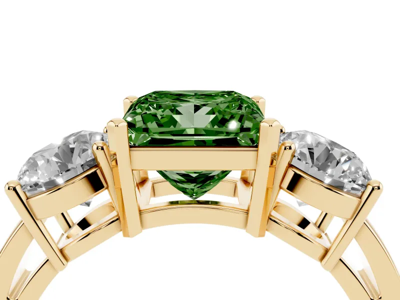 Princess Cut Three Stone Engagement Ring Setting for a Fancy Green Lab-Grown Diamond | Wide Plain Band | Yellow Gold