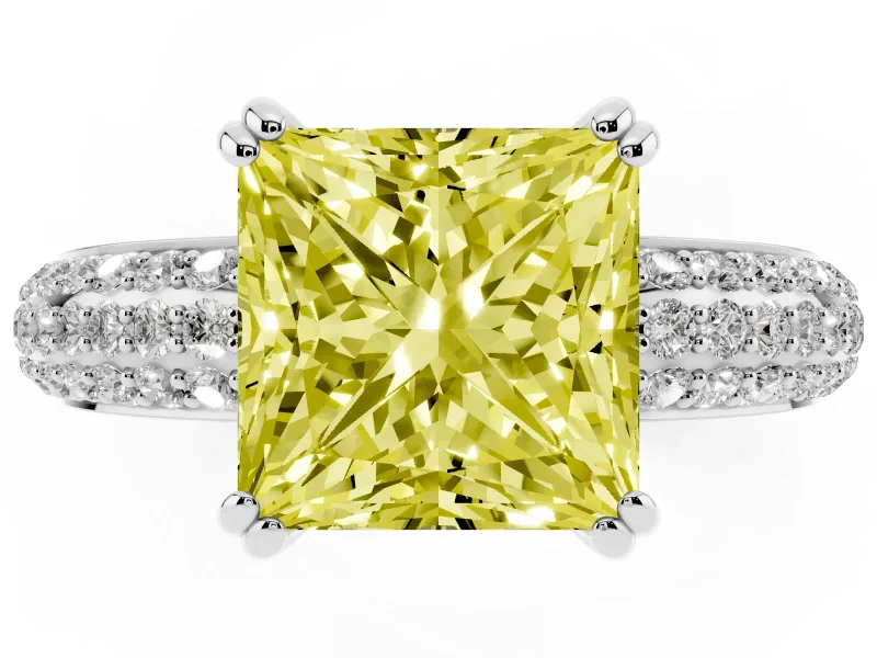 Princess Cut Three Row Pave Engagement Ring Setting for a Fancy Yellow Lab-Grown Diamond | Double Claws | White Gold