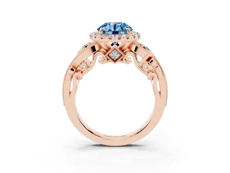 Fancy Blue Round Cut Diamond Halo Ring Set in Rose gold with Milgrain Pavé Band and Prong Setting