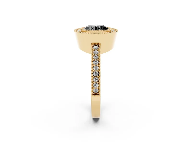 Fancy Black Round Cut Diamond Halo Engagement Ring Set in Yellow gold with Pavé Band and Round Halo Stones