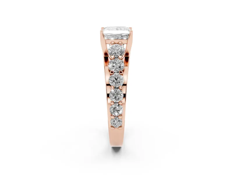 Princess Cut Graduated Side Stone Engagement Ring Setting | Shared Prong Rails | Rose Gold