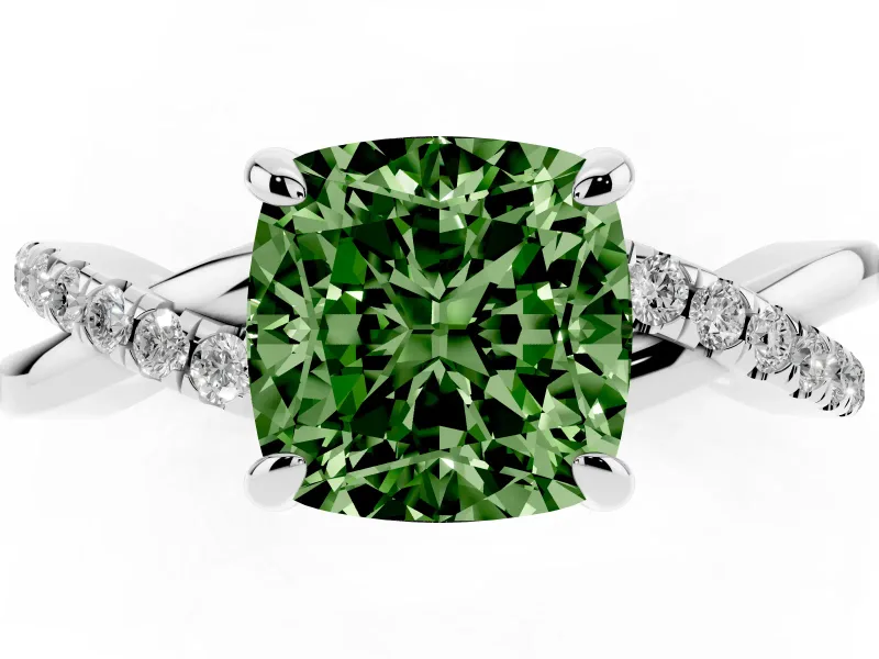 Fancy Green Cushion Cut Diamond Twist Band Solitaire Set in Silver with Pavé Accents and Prong Setting
