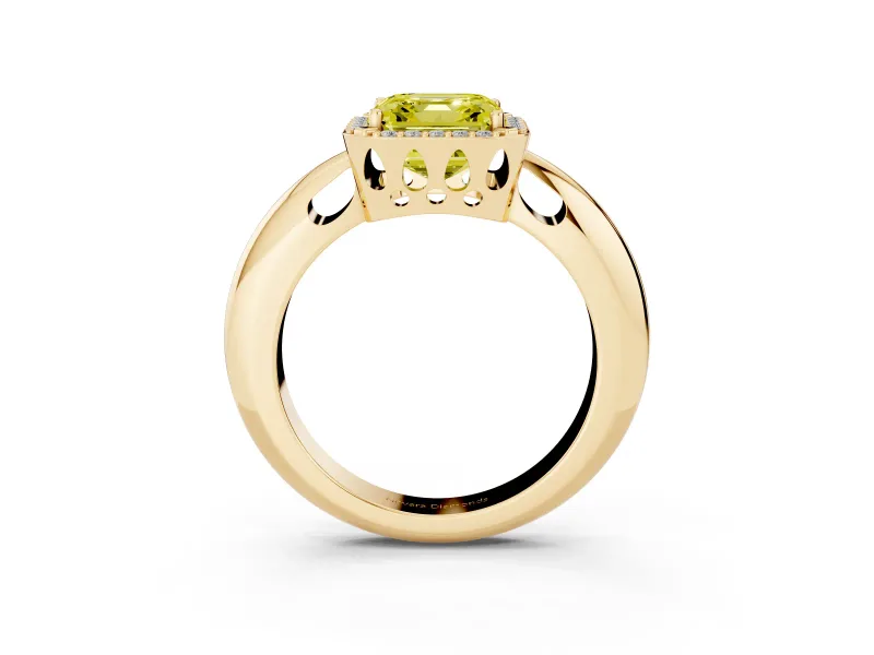 Fancy Yellow Asscher Cut Diamond Halo Engagement Ring Set in Yellow gold with Plain Split Shank and Prong Setting