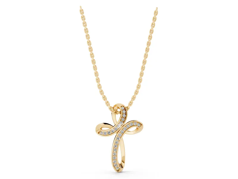 Round Lab-Grown Diamond Pavé Looped Cross Pendant Necklace | Ribbon Loops | Yellow Gold