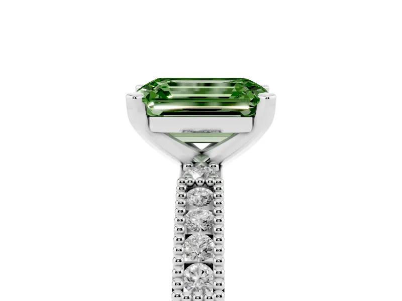 Fancy Green Emerald Cut Diamond Solitaire Ring Set in Platinum with Slim Pavé Band and Prong Setting