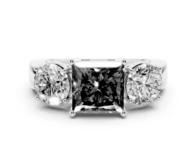 Fancy Black Princess Cut Diamond Three-Stone Ring Set in Platinum with Round Side Stones and Classic Band