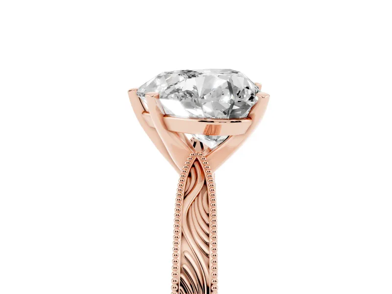 Heart Cut Diamond Solitaire Milgrain Engraved Band Set in Rose gold with Prong Setting