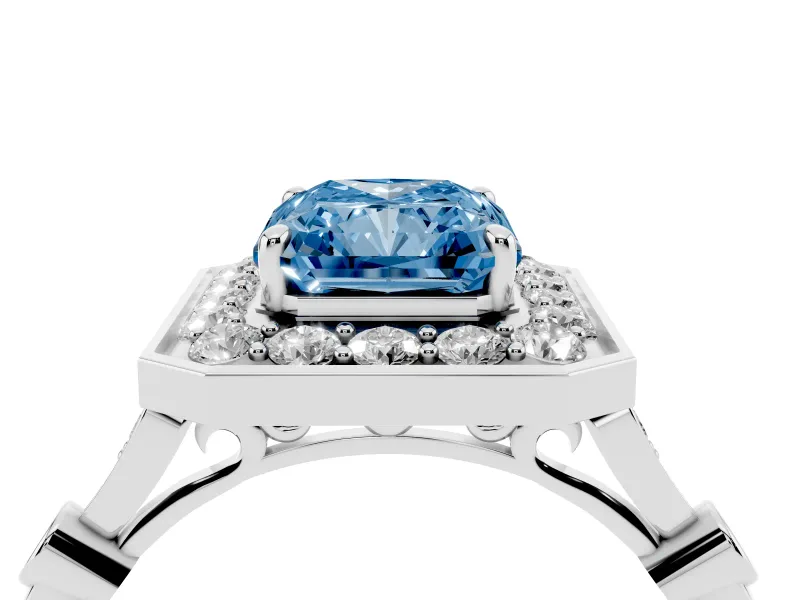 Radiant Cut Halo Engagement Ring Setting for a Fancy Blue Lab-Grown Diamond | Bezel Station Shoulders | White Gold