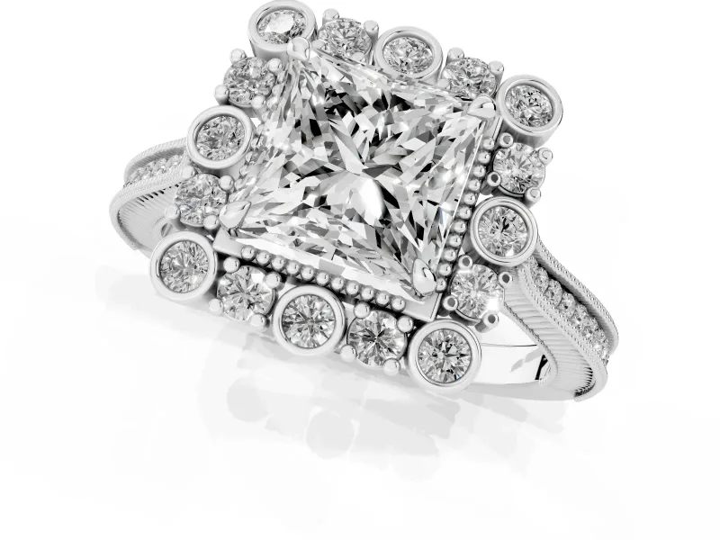 Princess Cut Diamond Halo Milgrain Pavé Ring Set in White gold with Prong Setting