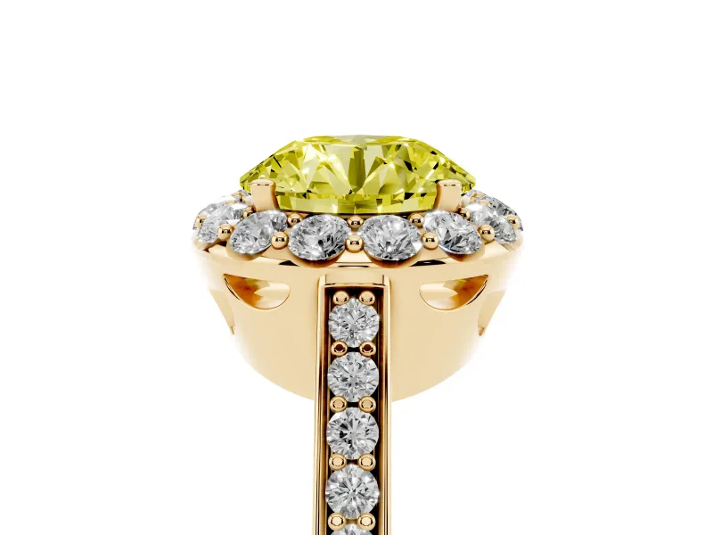 Fancy Yellow Round Cut Diamond Floral Halo Ring Set in Yellow gold with Pavé Band and Prong Setting