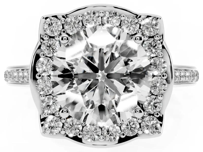 Round Petal Tip Halo Engagement Ring Setting | Single Row Pavé Band | Platinum
