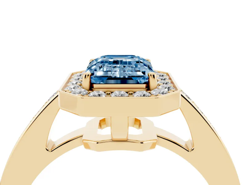 Fancy Blue Emerald Cut Diamond Halo Pavé Engagement Ring Set in Yellow gold with Bezel Setting